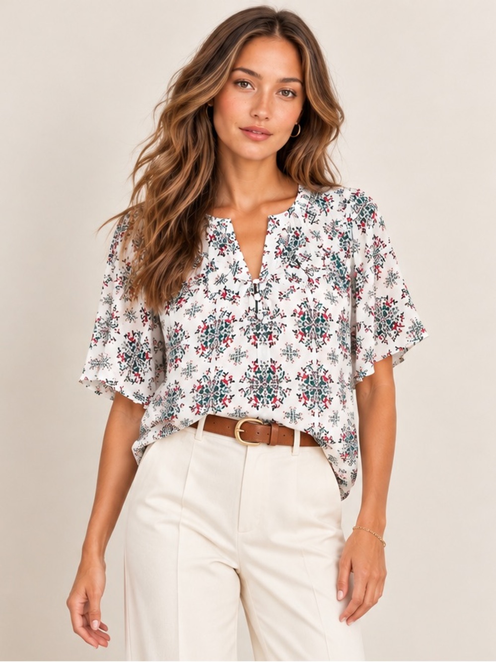 LOFT Floral Shirred V Neck top Size M